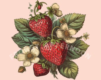 Transparent Background Vintage Strawberry PNG / Old-Fashioned Strawberries Art / Fruit Clipart Digital Download / Nostalgic Illustration