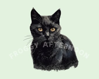 May include: A black cat with bright yellow eyes stares directly at the camera. The cat's fur is detailed with shading and highlights, giving it a realistic appearance. The background is a light green.