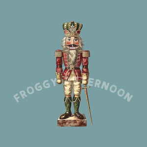 May include: A vintage-style nutcracker toy soldier wearing a red and gold uniform, a green hat with gold trim, and a white beard. He is holding a sword and standing on a wooden base.