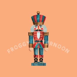 May include: A vintage-style nutcracker toy with a red, blue and gold colour scheme. The nutcracker has a moustache and a white beard. The toy is standing on a blue base.