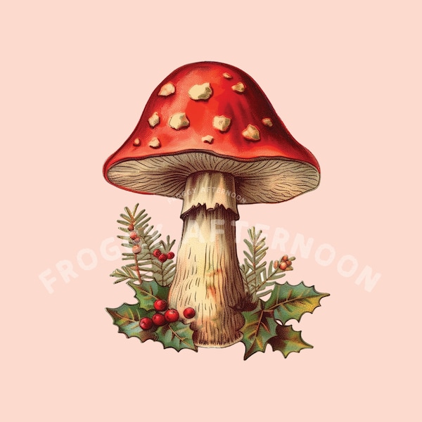 Transparent Vintage Christmas Mushroom PNG / Retro Mushie Clipart Digital Download / Nostalgic Illustration / Old-Fashioned Mushroom