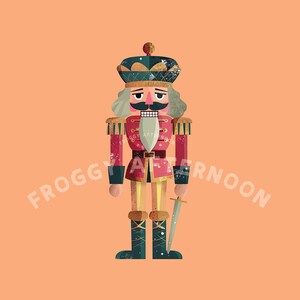May include: A red and gold nutcracker soldier with a white beard and a sword. He is wearing a green and gold hat and a red and gold uniform.