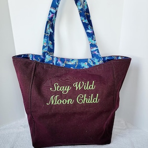 Tote, Upholstery tote, canvas bag, market,  grocery, designer bag, shopping, Mermaid, Ocean, Scales, Mystical, purple, embroidered, moon