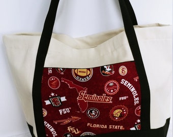 Tote bag, Upholstery tote, canvas bag, market, reusable, custom, grocery, FSU, re-purpose, Florida State, fabric, shopping, one-of-a-kind