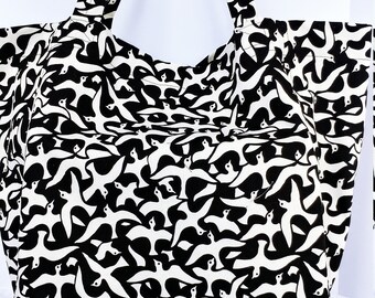 Tote tas, bekleding tas, canvas tas, markt, zwart, wit, op maat, kruidenier, vogels, schoudertas, stof, winkelen, uniek