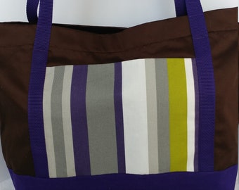 Tote bag, Upholstery tote, canvas bag, market, brown, purple, stripe, custom, grocery, boho, shoulder bag, fabric, shopping, one-of-a-kind