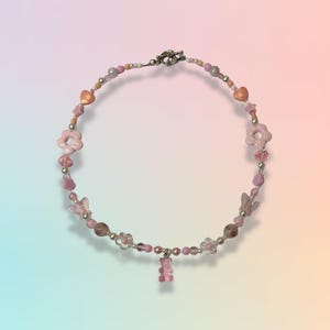 Pink Beaded Gummy Bear Necklace, Coquette Fairycore Floral Charm Jewellery