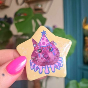 Clown cat holographic button badge