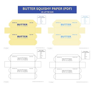 May include: A digital template for butter squishy paper in US letter size. The sheet features four butter stick box layouts, two in yellow and two in black and white outlines, labeled Grade AA, Salted or Unsalted, and Net Wt. 4 oz. (113 grams).