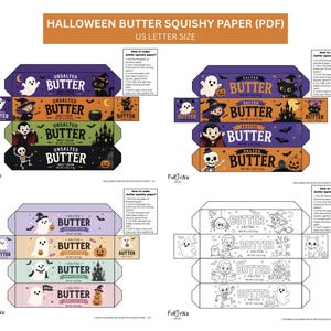 Puede incluir: Una plantilla PDF digital para papel squishy de mantequilla de Halloween en tamaño carta de EE. UU. El documento presenta cuatro diseños distintos con ilustraciones coloridas de fantasmas, gatos, vampiros y esqueletos, incluida una página para colorear.