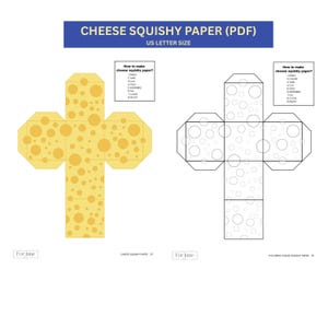 Può includere: Un modello PDF digitale per un lavoretto in carta squishy a forma di formaggio in formato lettera US. L'immagine mostra una forma a croce gialla con motivo a formaggio e una versione in bianco e nero, con istruzioni per stampare e assemblare.