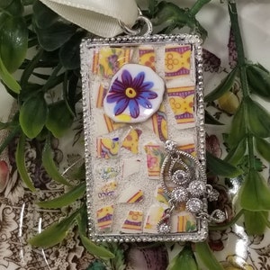 Rectangular Pendant Broken China Yellow Purple Floral with Rhinestone Dangle Embellishment - Necklace-Bookmark-Ornament