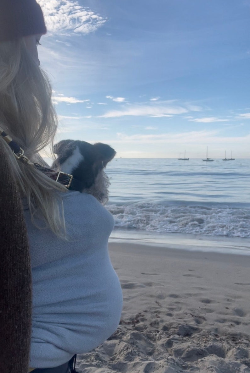 May include: A woman wearing a brown sweater and a blue sweater holds a black and white dog in her arms. The dog is looking out at the ocean. The woman and dog are standing on a sandy beach with blue water and a clear sky in the background.