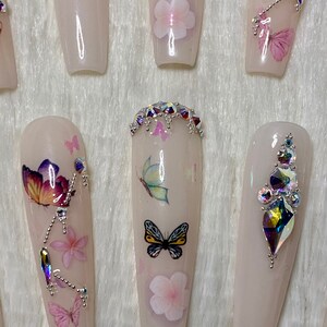 Pu&ograve; includere: Un set di unghie finte lunghe, rosa chiaro. Ogni unghia presenta disegni di farfalle e fiori, alcune decorate con strass iridescenti. Le unghie hanno una finitura lucida, creando un'estetica delicata e femminile.