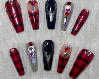 Red Glitter Plaid Holiday Press On Nails