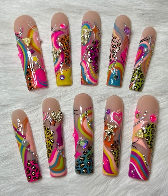 3xl Length Acrylic Handpainted Press on Nails Etsy