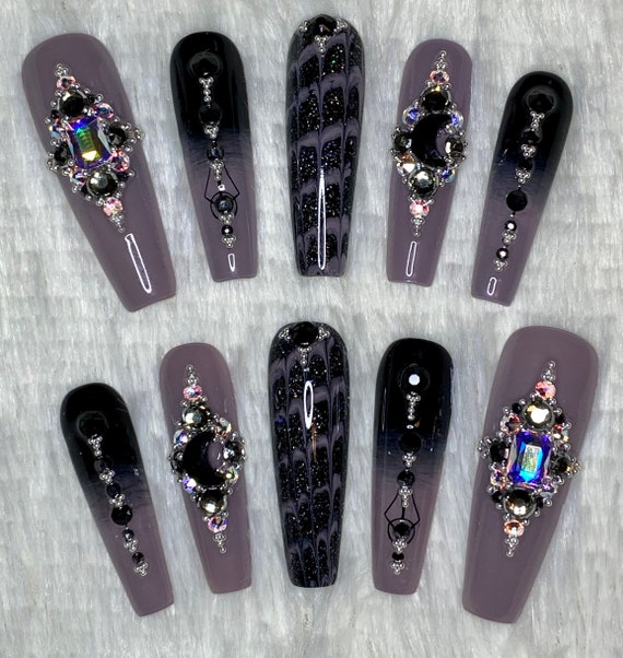 XXL Swarovski Black Moon Gel Press On Nails | Etsy