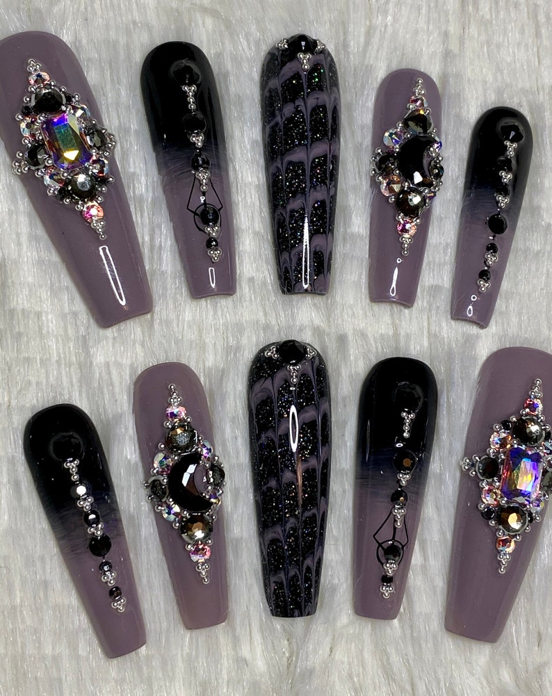 XXL Swarovski Black Moon Gel Press On Nails | Etsy