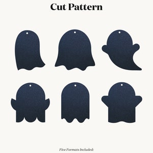 May include: Six different cut-out patterns of ghosts in a dark blue colour. The patterns are designed for use with cut/craft machines or for DIY projects. Five formats are included: SVG, DXF, EPS, PNG, and JPG.