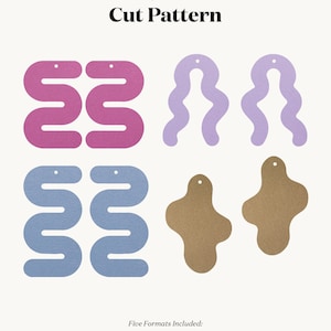 May include: Digital cut files for earrings and other crafts. The image shows four different earring designs: two pairs of pink and blue wavy earrings, a pair of purple wavy earrings, and a pair of brown organic-shaped earrings. The text "Five Formats Included: SVG DXF EPS PNG JPG" and "DIGITAL TEMPLATES DESIGNED FOR CUT/CRAFT MACHINES OR DIY" is also included.