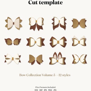 Puede incluir: Doce estilos diferentes de archivos de corte de lazo de papel. Los lazos son de color marr&oacute;n y blanco con una variedad de formas y dise&ntilde;os. El texto "Bow Collection Volume 5 - 12 styles" est&aacute; en la parte inferior de la imagen. El texto "Five Formats Included: SVG DXF EPS PNG JPG" est&aacute; en la parte inferior de la imagen. El texto "DIGITAL TEMPLATES DESIGNED FOR CUT/CRAFT MACHINES OR DIY" est&aacute; en la parte inferior de la imagen.