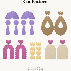 May include: Cut file patterns for earrings in purple, pink, and beige. The patterns include a variety of shapes, including arches, teardrops, and circles. Five file formats are included: SVG, DXF, EPS, PNG, and JPG. Digital templates designed for cut/craft machines or DIY.