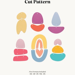 Peut inclure: Un modèle de fichier de découpe numérique pour l'artisanat avec une variété de formes dans différentes couleurs, y compris le jaune, l'orange, le rose, le rouge, le bleu, le violet et le vert. Le texte "Five Formats Included: SVG DXF EPS PNG JPG" et "DIGITAL TEMPLATES DESIGNED FOR CUT/CRAFT MACHINES OR DIY" est inclus dans l'image.