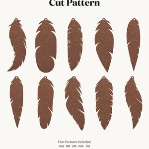 Könnte beinhalten: Zehn digitale Schnittdateien von Federn in Braun. Die Dateien sind für die Verwendung mit Schneidemaschinen oder für DIY-Projekte konzipiert. Fünf Dateiformate sind enthalten: SVG, DXF, EPS, PNG und JPG.