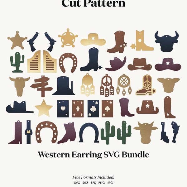 Cowgirl Western Earring SVG, Faux Leather Earring Templates | Country girl Cow Steer Head Cowboy Boot Hat, Cricut Earring