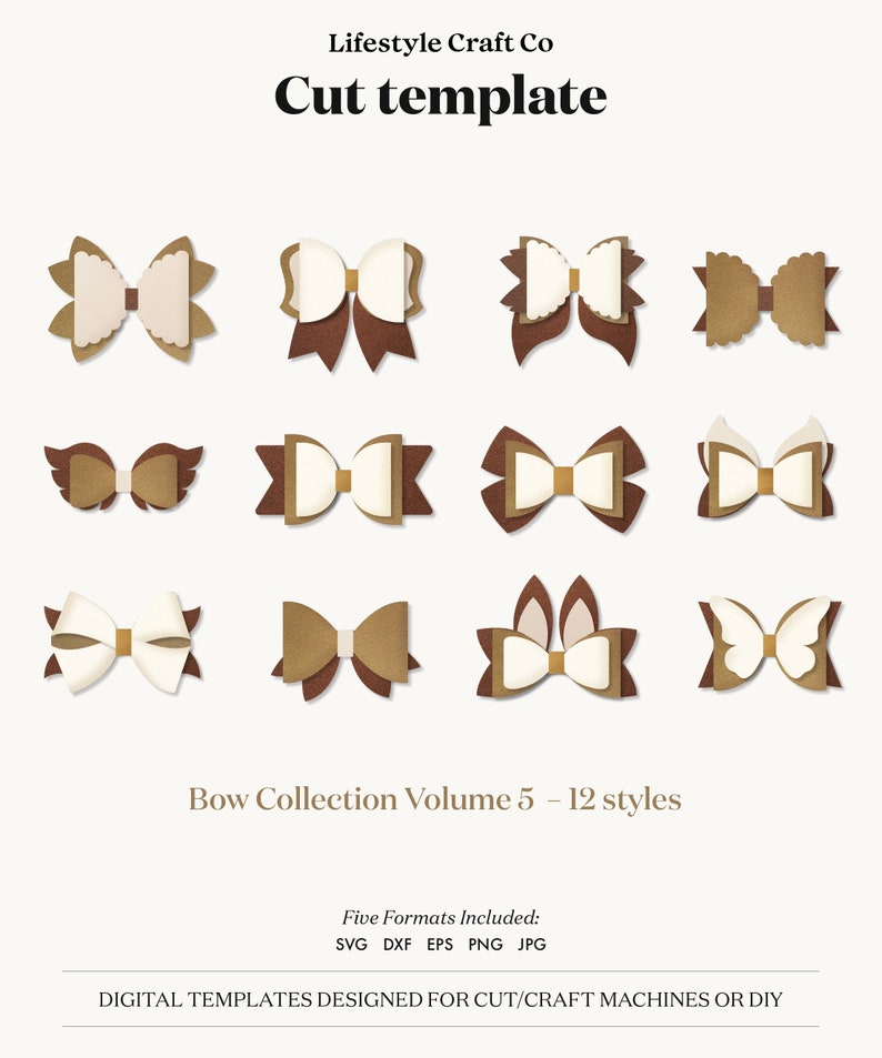 Puede incluir: Doce estilos diferentes de archivos de corte de lazo de papel. Los lazos son de color marr&oacute;n y blanco con una variedad de formas y dise&ntilde;os. El texto "Bow Collection Volume 5 - 12 styles" est&aacute; en la parte inferior de la imagen. El texto "Five Formats Included: SVG DXF EPS PNG JPG" est&aacute; en la parte inferior de la imagen. El texto "DIGITAL TEMPLATES DESIGNED FOR CUT/CRAFT MACHINES OR DIY" est&aacute; en la parte inferior de la imagen.