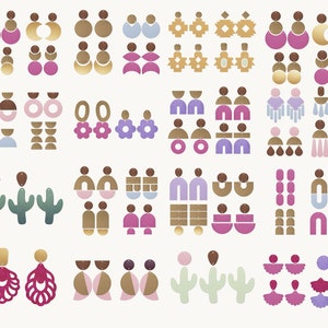 May include: A collection of 40 pairs of earrings featuring geometric shapes, floral designs, and abstract patterns. The earrings are made in a variety of colors, including pink, purple, blue, green, brown, and gold.