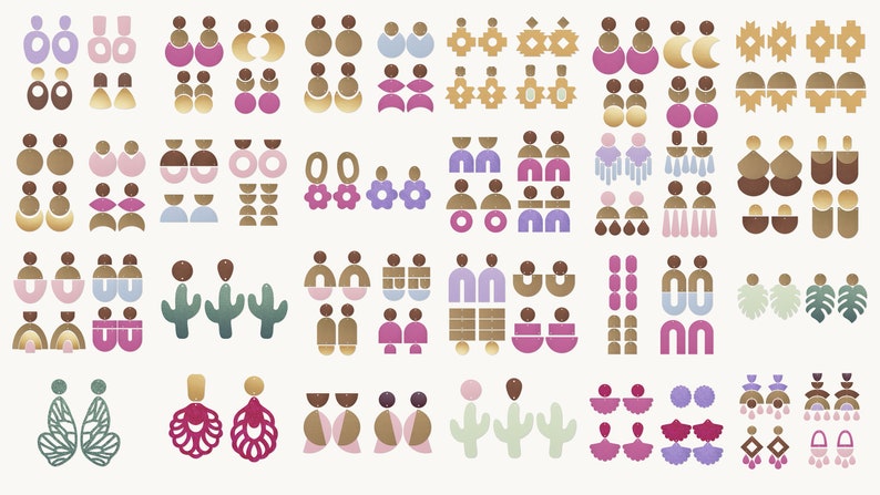 May include: A collection of 40 pairs of earrings featuring geometric shapes, floral designs, and abstract patterns. The earrings are made in a variety of colors, including pink, purple, blue, green, brown, and gold.