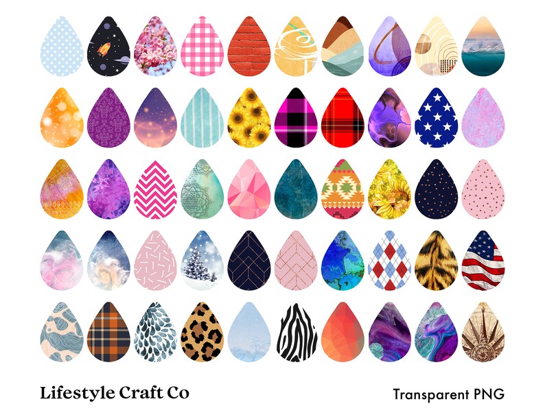 May include: Set of 48 digital clipart images of colorful raindrops with various patterns, including geometric, floral, and abstract designs.  The images are transparent PNG files, perfect for crafting projects.