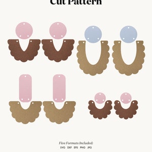 May include: Cut file pattern for a pair of earrings with a scalloped edge. The earrings are made of brown, pink, and blue felt. The pattern includes five file formats: SVG, DXF, EPS, PNG, and JPG.
