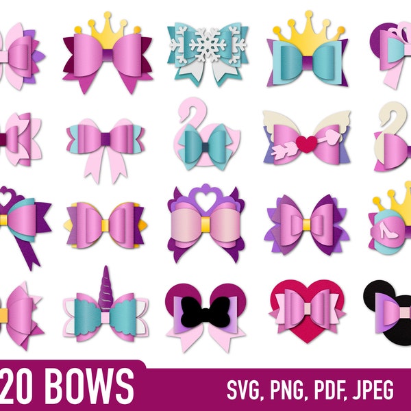 Bow Bundle SVG, Hair Bow Template, Bow Collection SVG, Felt Bow SVG, Hair Bow Silhouette, Cricut Cut Files, stili unicorno e principessa