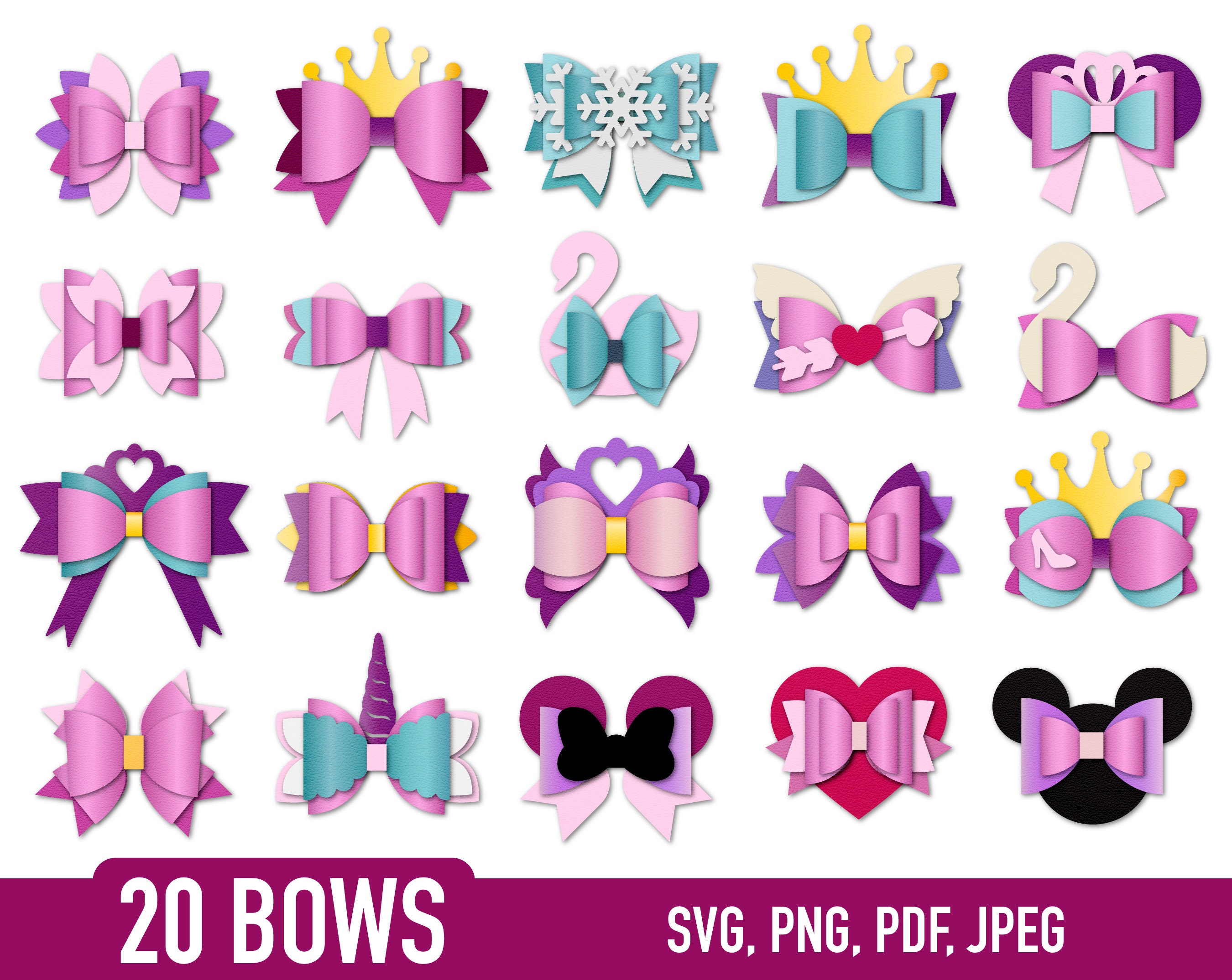 Bow Bundle SVG, Hair Bow Template, Bow Collection SVG, Felt Bow SVG, Hair Bow Silhouette, Cricut Cut Files, unicorn and princess styles