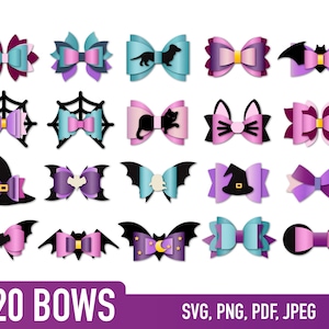 Zestaw kokard na Halloween, szablon kokardki nietoperza SVG, kokardka czarownicy SVG, kolekcja kokard SVG, pliki SVG dla plików Cricut Cut, pliki Silhouette Cut