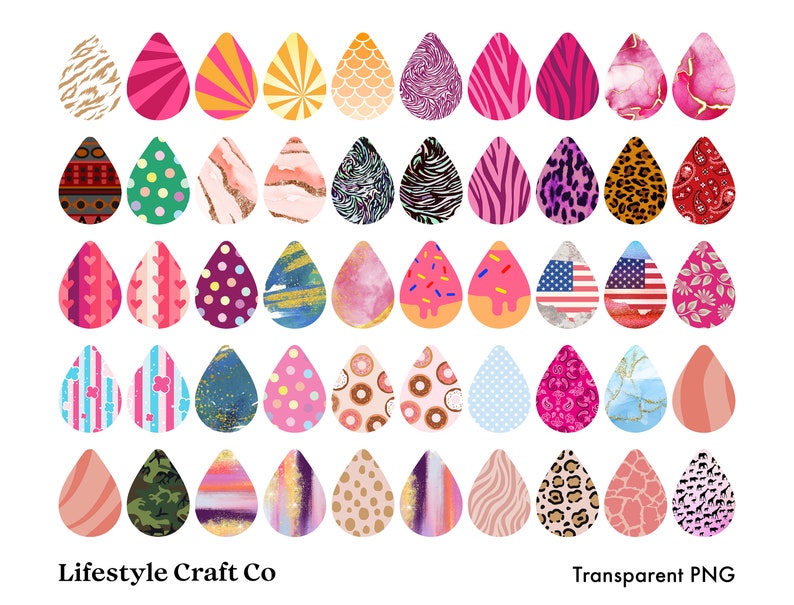 May include: A set of 48 digital clipart images of colorful water droplets with various patterns, including animal prints, geometric designs, and abstract art.  The images are transparent PNG files, perfect for crafting projects.