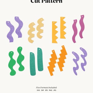 May include: A set of 10 digital cut files for crafting. The files include various shapes in different colors, such as purple, yellow, green, and orange. The shapes include wavy lines, zigzags, and rectangles. The text "Five Formats Included: SVG DXF EPS PNG JPG" and "DIGITAL TEMPLATES DESIGNED FOR CUT/CRAFT MACHINES OR DIY" are also included.
