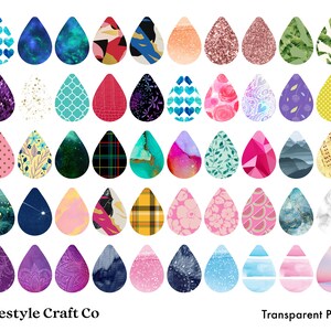 May include: Set of 48 digital clipart images of teardrop shapes with various patterns and designs. The patterns include polka dots, glitter, floral, plaid, marble, and more. The teardrop shapes are in various colors, including pink, blue, green, yellow, and purple. The text "Lifestyle Craft Co" and "Transparent PNG" are at the bottom of the image.