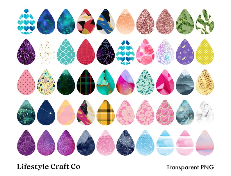 May include: Set of 48 digital clipart images of teardrop shapes with various patterns and designs. The patterns include polka dots, glitter, floral, plaid, marble, and more. The teardrop shapes are in various colors, including pink, blue, green, yellow, and purple. The text "Lifestyle Craft Co" and "Transparent PNG" are at the bottom of the image.