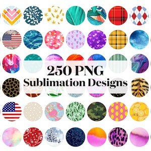 May include: A collection of 250 sublimation designs in PNG format. The designs are arranged in a grid and feature a variety of patterns, including floral, geometric, and abstract. The designs are perfect for creating custom products such as t-shirts, mugs, phone cases, and more.