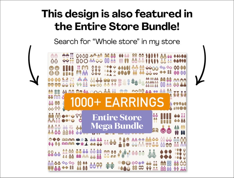 Op de afbeelding: Een afbeelding met meer dan 1.000 oorbelontwerpen in verschillende kleuren en stijlen. De tekst "1000+ EARRINGS Entire Store Mega Bundle" staat op de afbeelding.