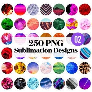 Op de afbeelding: Een verzameling van 250 sublimatieontwerpen in verschillende kleuren en patronen. De ontwerpen zijn gerangschikt in een raster en bevatten afbeeldingen van bloemen, dieren, geometrische vormen en abstracte ontwerpen.