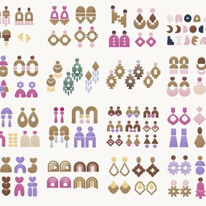 May include: A collection of 72 unique earring designs featuring geometric shapes, abstract patterns, and bohemian motifs in various colors, including pink, purple, brown, gold, and blue.