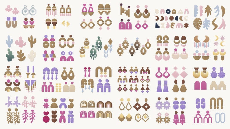 May include: A collection of 72 unique earring designs featuring geometric shapes, abstract patterns, and bohemian motifs in various colors, including pink, purple, brown, gold, and blue.