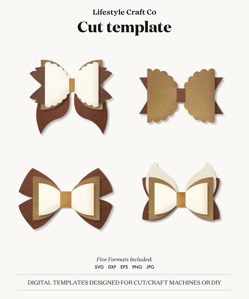 Puede incluir: Cuatro archivos de corte digital para crear un lazo en capas. El lazo est&aacute; hecho de papel marr&oacute;n, beige y blanco. Los archivos est&aacute;n disponibles en los formatos SVG, DXF, EPS, PNG y JPG.