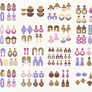 May include: A collection of 100 unique earring designs featuring geometric shapes, abstract patterns, and various colors, including gold, brown, pink, purple, and blue.