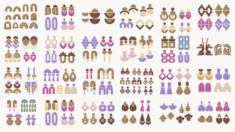 May include: A collection of 100 unique earring designs featuring geometric shapes, abstract patterns, and various colors, including gold, brown, pink, purple, and blue.