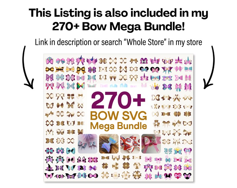 Puede incluir: Una ilustraci&oacute;n digital de m&aacute;s de 270 dise&ntilde;os de lazos diferentes en varios colores y patrones. El texto "270+ BOW SVG Mega Bundle" se muestra en el centro de la imagen.